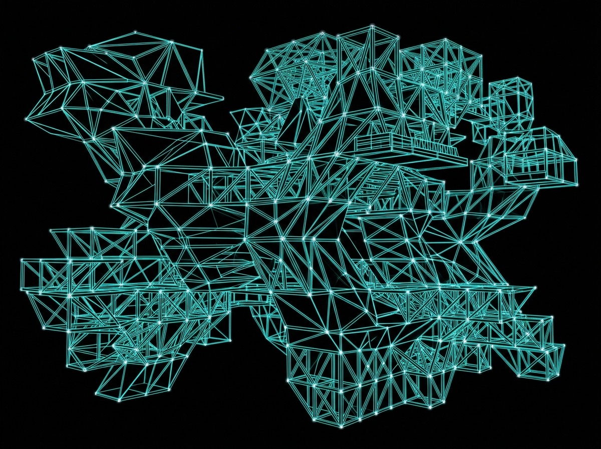 Modelo paramétrico 3D: geometría modular con aristas cian sobre fondo oscuro