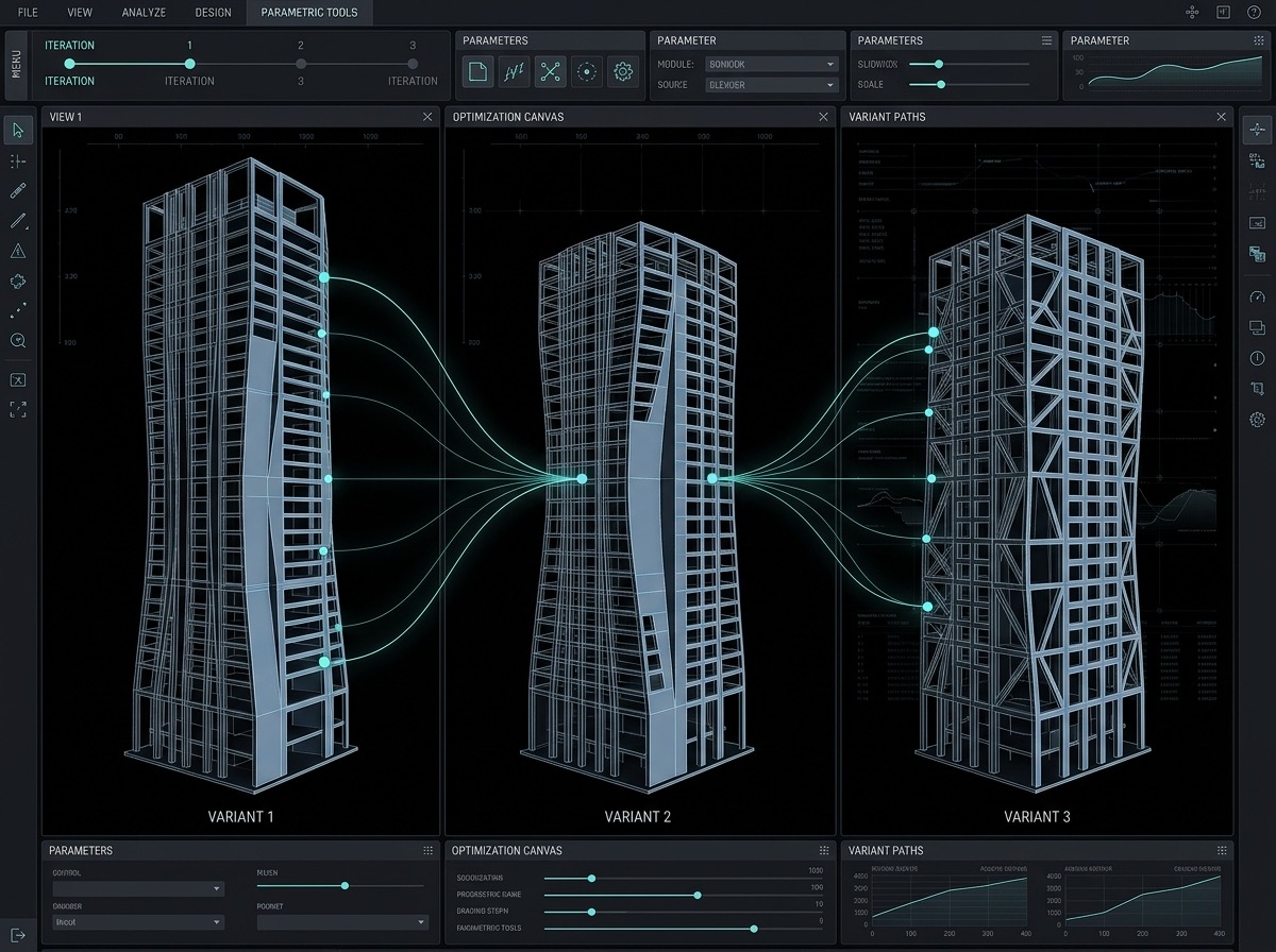 Tres variantes BIM del mismo edificio comparadas lado a lado