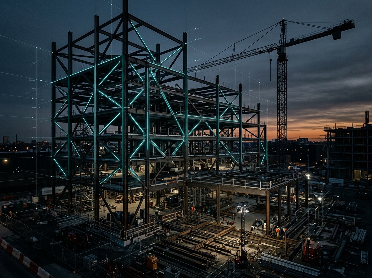 Supervisión de obra: estructura metálica de proyecto industrial con iluminación cian
